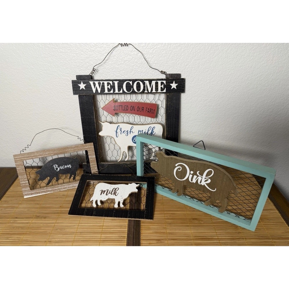 Farmhouse Hanging Wood Signs Wire Pig & Cow Rustic Distressed Decor Set Of 4 - Picture 2 of 7